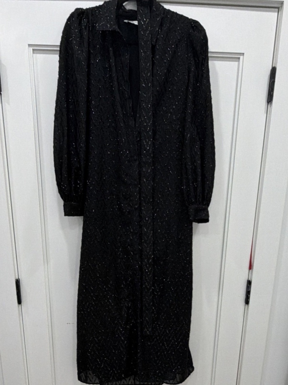 ZARA Women's Shirt Dress M Black Chevron Glitter Belted Long Sleeve Midi